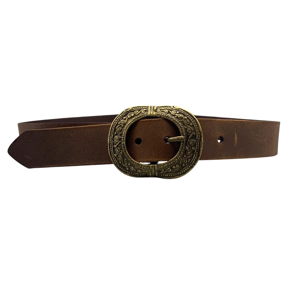 Cow Hide Womens Leather Belt Size M Brass Buckle Made India Brown 1 1/4" Wide